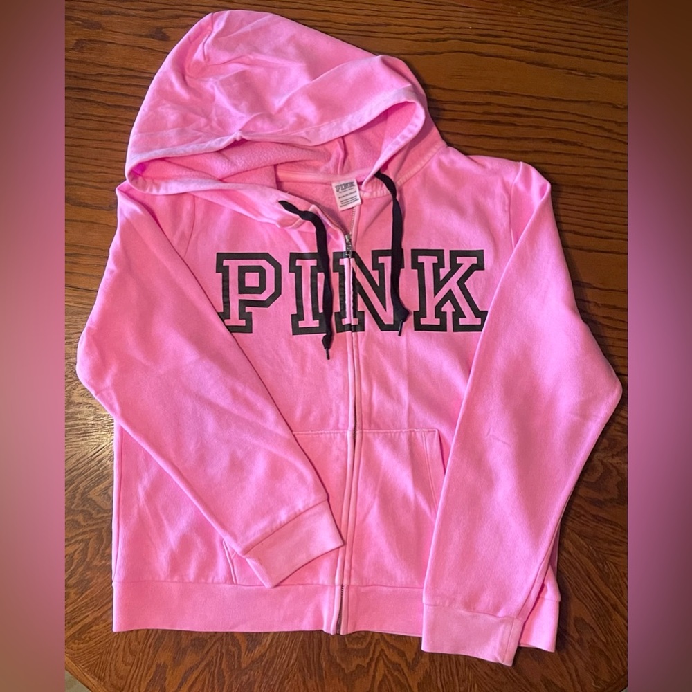 PINK Victoria's Secret Beach Washed Pink Zip-Up Hoodie w/ Black Logo Size XL